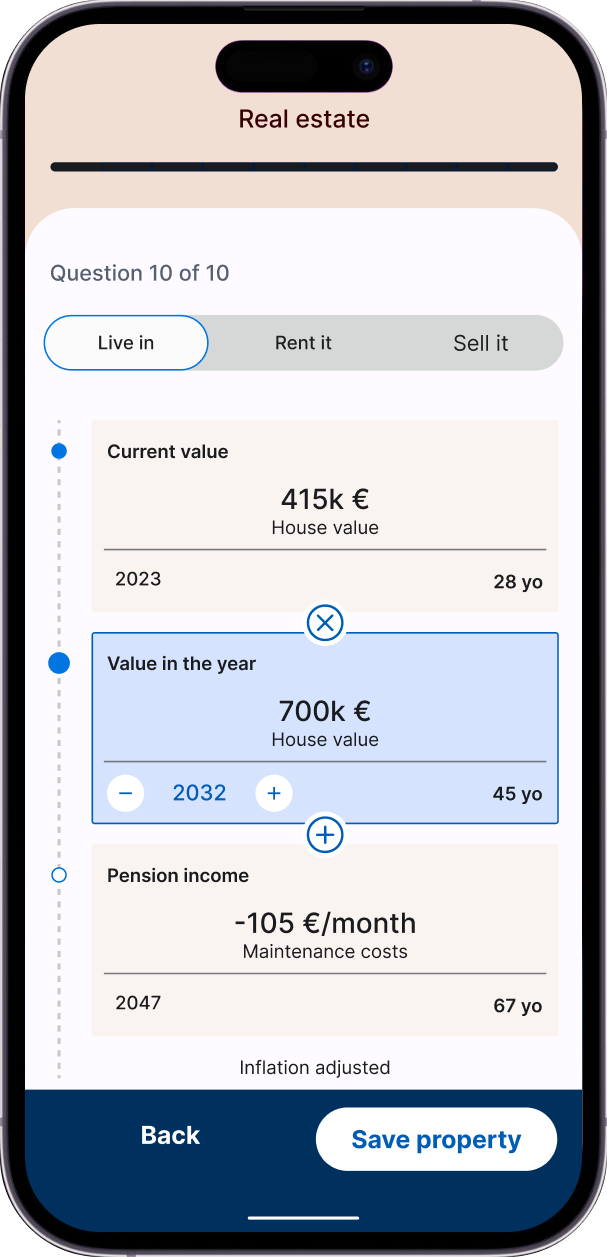 Formulario self-service per l'asset immobiliare: valore attuale, proiezione futura, costi di mantenimento